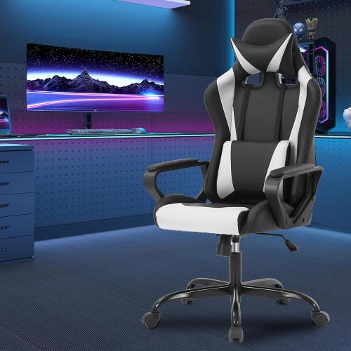 PayLessHere Ergonomic Racing Desk Chair Gaming Chair Computer Chair with Armrests 360° Swivel & Caster Pu Desk Task Chair Executive Headrest Lumbar Support for Back Pain Women Men and Adults (White)
