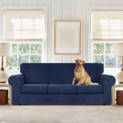 Size Large Color Blue  9 Pieces Velvet High Stretch Couch Covers for 3 Cushion Couch Sofa Slipcovers, Washable Furniture Protector with Non Slip Elastic Bottom, Feature Soft and Thick Plush Fabric, Navy Blue, Large