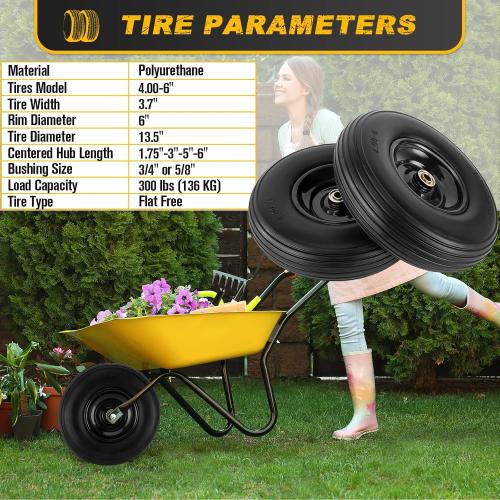 4.00-6 Flat-free Tire and Wheel, 13 Wheelbarrow Wheels and Tires with 5/8 or 3/4 Bearings 4.00-6 Solid Tires Replacement for Wheelbarrow, Gorilla Cart, Hand Trucks, Garden Carts(2 PCS)