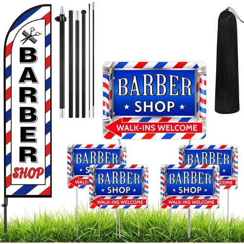 5 Pcs Barber Shop Sign 1 Pcs 7 ft Barber Flag with Pole Kit Double Sided Print Yard Sign with Metal Stakes Feather Windless Barbershop Flags for Outdoor Business Advertising