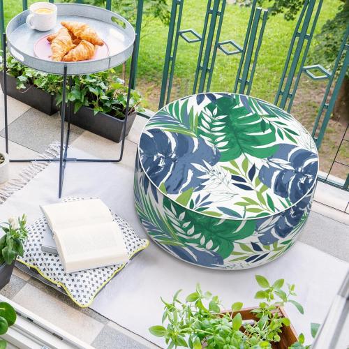 Patio Inflatable Ottoman, 21x9 Inch Portable Stool Ottoman with Handle, Outdoor Round Footrest Stool for Garden Camping, Islamorada Blue Green