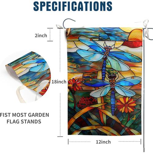 Stained Glass Dragonfly Garden Flag Spring Summer Yard Flag Fall Floral Decorative Flags for Outside 12x18 Double Sided Small Seasonal Lawn Flags Rustic Outdoor Decor