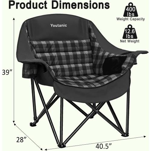 Youtanic Oversized Extra Large Padded Camping Chair, Heavy Duty 400 lbs Foldable Lawn Chair, Ergonomic Outdoor Seat with Plaid Design, Cup Holders & Storage Pockets for Fishing, Sports, Black