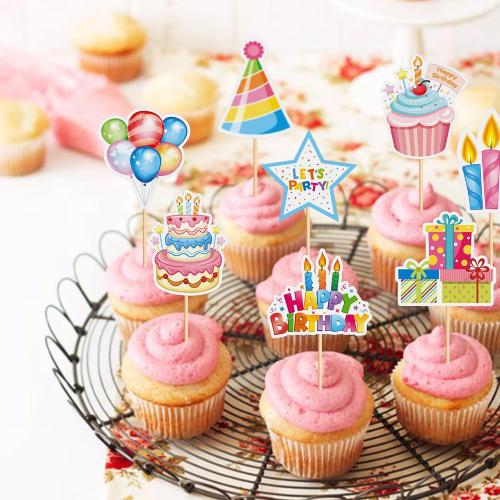24Pcs Happy Birthday Cupcake Toppers Colorful Birthday Party Cupcake Picks Party Hat Gifts Box Birthday Candle Food Picks for Baby Shower Boys Girls Kids Birthday Party Decorations