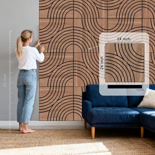 WoveN SounD Artisan Acoustic Wall Panels, 24x24 Inch 8 Pack, PVC Wood Grain Veneer Carved Sound Proof Wall Decor, Self-Adhesive for Home, Studio, Office & Focus Zones, Interlaced Arcs, Teak