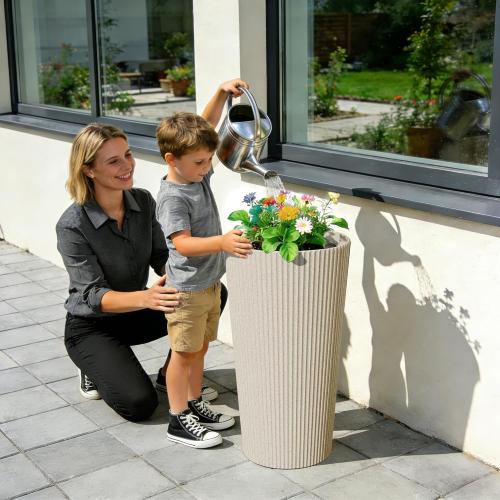 Tall Planters for Outdoor Plants Set of 2 - Fluted Large Outdoor Planters for Front Porch Decor with Drainage Hole, Plastic Round Flower Pots Fits Indoor Plants Patio/Garden, Beige