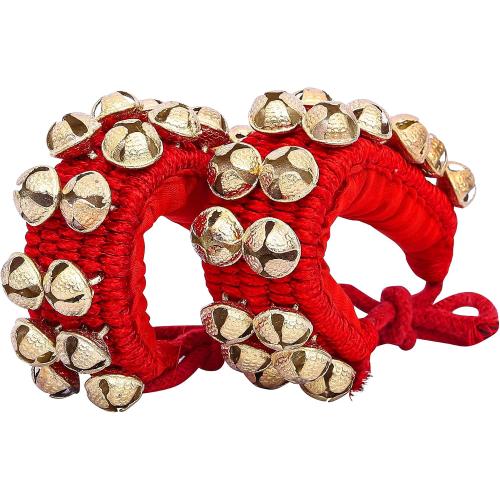 Dancing Bells Ghungroo Pair Indian Classical Dance Accessories with Colored Cushion Pad Best Dance Metal Brass Anklets Bells Ghunghroo Pad (Red, Double Line)