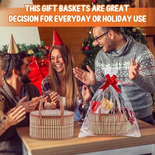 Tioncy 6 Set Baskets for Gifts Empty Bulk Large Woven Bamboo Gift Basket Kit with Handles, Clear Cellophane Wrap Baskets for Valentine's Day, Baby Shower, Birthday Party Gift Bags(Yellow)