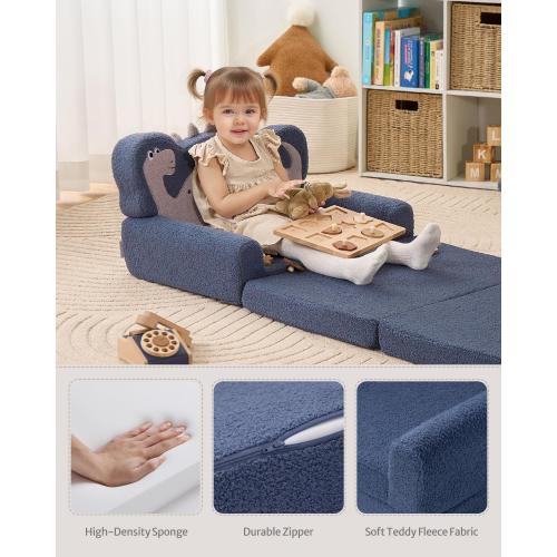 Blissful Diary Kids Couch, 2-in-1 Soft Toddler Couch Fold Out, Toddler Chair Comfy, Convertible Sofa to Lounger, Kids Furniture for Playroom, Gift for Birthday, Children's Day, Blue Dinosaur