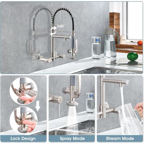 Wall Mount Kitchen Faucet with Pull Down Sprayer, 8 Inch Center Kitchen Sink Faucet, Heavy-Duty Commercial Wall Mount Faucets, 2 Handle Faucet for Kitchen Sink, Brushed Nickel