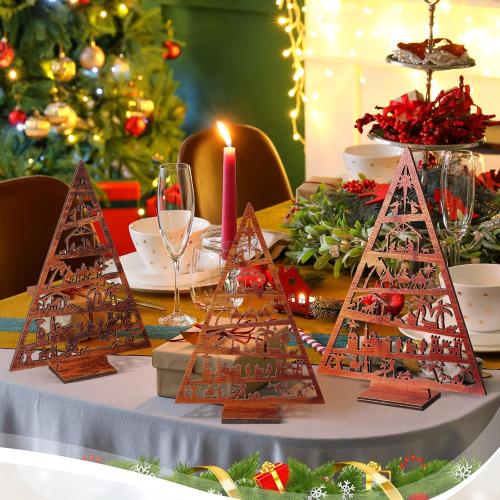 Huwena 3 Pcs Christmas Nativity Scene Table Ornament Vintage Jesus Nativity Set Rustic Farmhouse Holiday Wood Tree Wooden Christmas Tree Tabletop Decoration for Home Tiered Decor Xmas Signs (Novel)