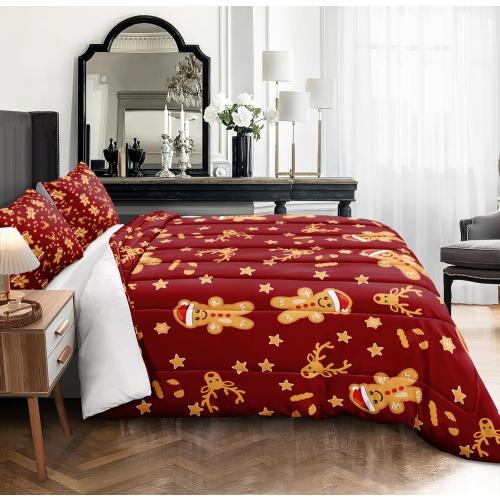 Bedbay Cartoon Christmas Bedding Set  Red and Gold Christmas Gingerbread Stars Elks Comforter Happy New Year Xmas Theme Quilt Set for Boys Girls Teen