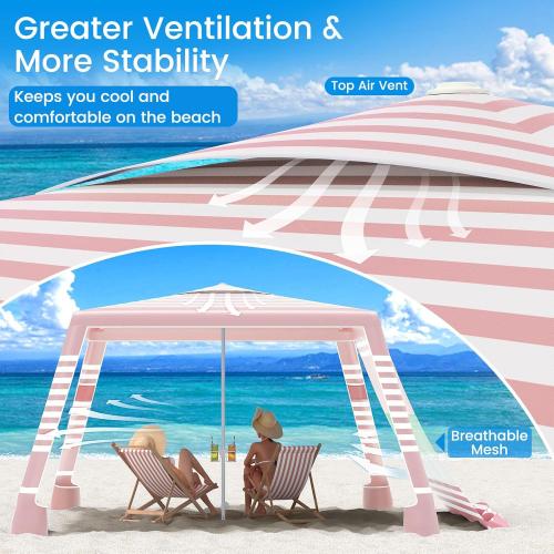 MoKo Beach Cabana, 8'×8' Large Beach Canopy with Side Wall, UPF 50  Protection Easy Setup Beach Tent Sun Shelter, Adjustable Height Wind Resistant Cabana Beach Tent for Whole Family, Pink Stripe