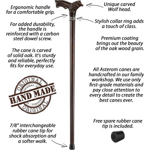 Asterom Walking Cane - Handmade Wolf Cane - Cool Walking Canes for Men and Women - Wooden, Carved, Unique - Walking Sticks for Men & Seniors