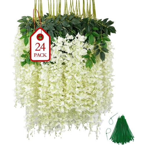 BIRDDIE 24Pcs of Artificial Wisteria Hanging Flowers, 3.75 Feet Fake Wisteria Flower Strings for Backdrop, Wedding, Ceremony,Garden and Home Wall Decoration (White)