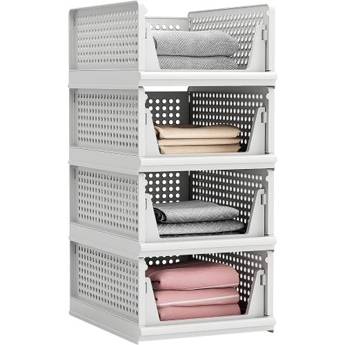 Proarea Stackable Plastic Storage Basket Closet Organizer Bin Foldable Clothes Organizer Storage Drawer Shelf Container for Living Room Bathroom Kitchen Office Laundry Room