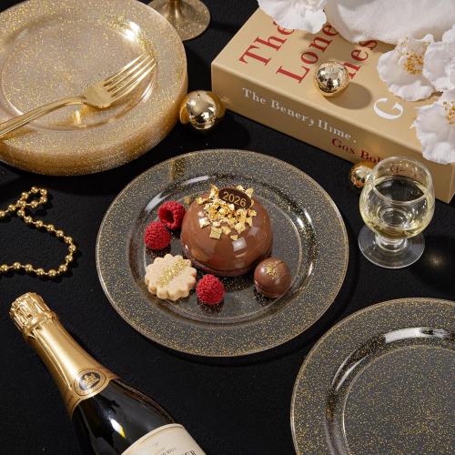 Liacere 100Pieces Gold Plastic Plates-Disposable Gold Glitter Appetizer Plates-7.5inch Premium Plastic Salad/Dessert Plates for Wedding & Parties & Thanksgiving
