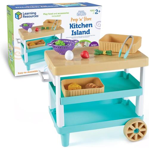 Learning Resources New Sprouts Prep 'n' Store Kitchen Island - Ages 2 , Play Food for Kids, Grocery Store Toys for Toddlers,11 Pieces