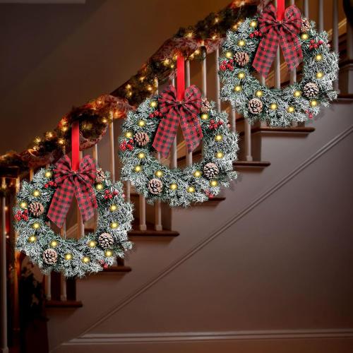 Geosar 3 Pcs Lighted Christmas Wreath, 13.8 Inch LED Christmas Wreaths with Buffalo Check Bow Pine Cone Berry, Small Lighted Xmas Window Wreaths for Front Door Wall Party Decor (Frosted)