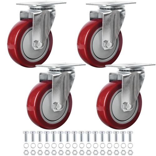 Finnhomy 4” Swivel Casters Wheels Set of 4 Plate Casters Heavy Duty Premium Polyurethane Wheels PU Load Bearing 2,600 Lbs Anti-wear Smooth Casters Red (Free Screws)