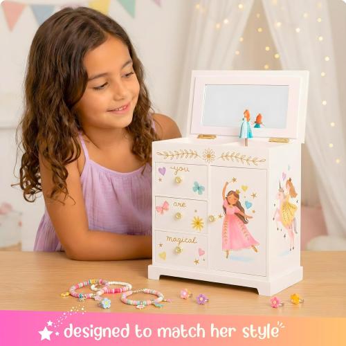 Giggle & Honey Princess Musical Jewelry Box for Girls - Kids Music Box with Drawers, Fairytale Gifts for Girls Birthday, Princess Jewelry Boxes for Ages 3-10 - 9 x 5 x 9.3 in, White