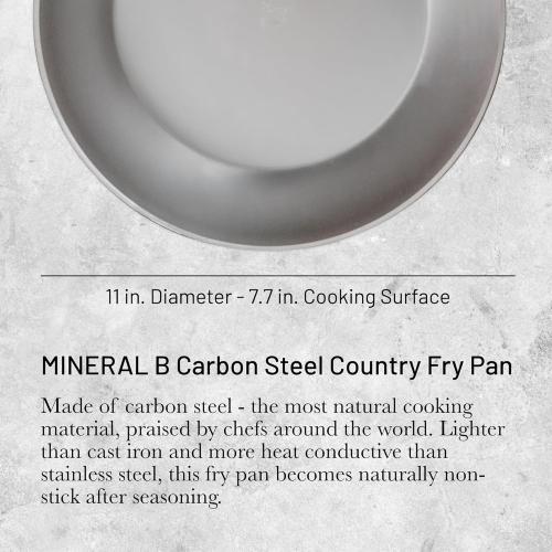 de Buyer MINERAL B Carbon Steel Country Fry Pan - 11” Diameter, 7.7” Cooking Surface - Ideal for Sauteing, Simmering, Deep Frying & Stir Frying - Naturally Non-Stick Finish - Made in France