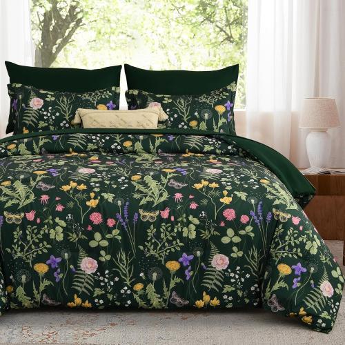 Yiran Queen Comforter Set 7 Piece, Dark Green Floral Bedding Set, Bed in a Bag Queen with Botanical Flowers Patterns, Soft Microfiber Complete Bedding Set with Sheets for All Season