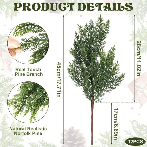 18 Inch Real Touch Cedar Branches - 12 Pcs Artificial Christmas Plants Branches, Faux Greenery Pine Stems Fake Cedar Picks for Vase DIY Crafts, Christmas Pine Branches for Home Indoor Decor
