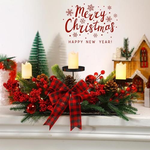 Christmas Centerpiece with 3 Candle Holders 3 LED Candles 1 String Lights Xmas Triple Candelabrum Poinsettia Red Buffalo Plaid Bow Berry Pine Cones with 3 Candle Holders for Tables Home Decorations