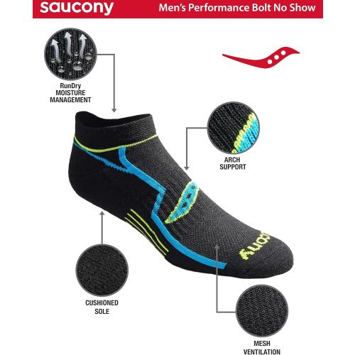 Saucony Men's Rundry Bolt Performance No-Show Socks (6-Pairs)