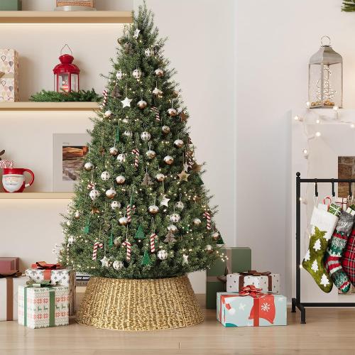 ELYKEN 28 Inch Christmas Tree Collar, Gold Woven Xmas Tree Skirt for 7.5 ft Trees, Stylish Tree Base Cover with Cord Cut-Out, Round Tree Ring for for Pencil Trees, Easy Assembly