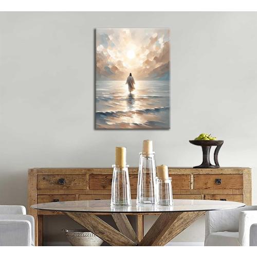 Jesus Walking on Water Canvas Wall Art Jesus Christian Posters Prints Sacred God Walking on Ocean Beach Painting Pictures for Living Room Bedroom Bathroom Office Wall Decor Framed