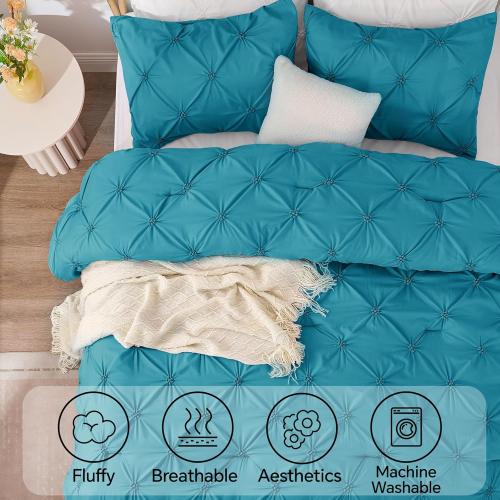 BEDELITE Teal King Size Comforter Set - 3 Pieces Boho Pintuck Bedding Comforter Sets, Lightweight Soft & Warm King Bedding Set with 2 Pillowcases for All Season