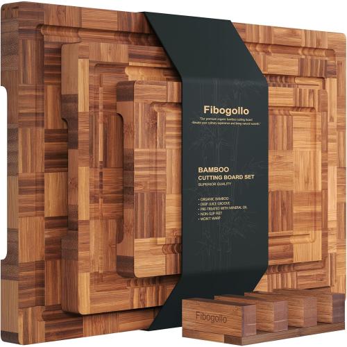 Fibogollo Set of 3 Bamboo Kitchen Cutting Boards with Juice Groove | Chopping Boards Set,End Grain Bamboo Butcher Block with Storage Stand,Serving Board and Charcuterie with Holder