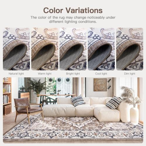 Lofus Area Rugs for Living Room, Washable Area Rug, Rugs for Bedroom, Kitchen, Vintage Boho Carpet, Soft Non-Slip, Low Pile Large Area Rug for Office Dining Room, Floral Brown