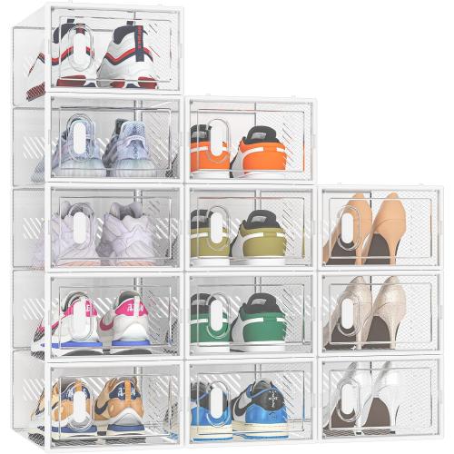 Shoe Storage, 12 Pack Shoe Organizer for Closet, Shoe Boxes Clear Plastic Stackable Shoe Containers with Lids for Size 10