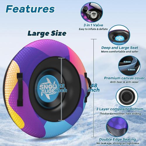 Snow Tube,48 Inch Big Heavy-Duty Inflatable Snow Sled with Premium Canvas Cover for Kids Adults,Thickened Hard Bottom Sleds for Snow with Detachable Tow Strap,Winter Outdoor Fun Snow Toys Gifts