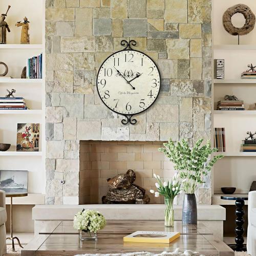 24 Inch Large Farmhouse Wall Clock, Wrought Iron Frame with Warm Gray Finish, Silent Battery Operated Wall Clock for Living Room Kitchen Bedroom