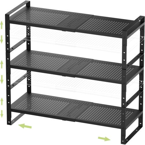 Expandable Stackable Aadjustable Shoe Rack Pantry Shelf for Kitchen Cabinets Counter Shelves Countertop Cupboard Storage Solution,Sturdy Heavy-Duty Metal Construction(3Packs/Black/Medium)