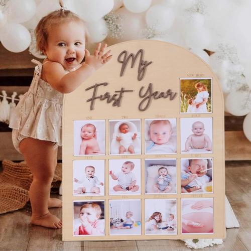 One Year Wood Photo Board - My First Year Month Milestone Board, Girl/Boy 1st Birthday Decorations, 12 Months Banner