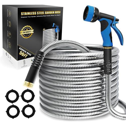 Lefree Garden Hose 50ft, Stainless Steel Garden Hose Metal, Flexible Water Hose with 10-Function Nozzle, Crush Resistant, Leak Proof, No Kinks Heavy Duty Hose for Yard, Outdoors, Rv