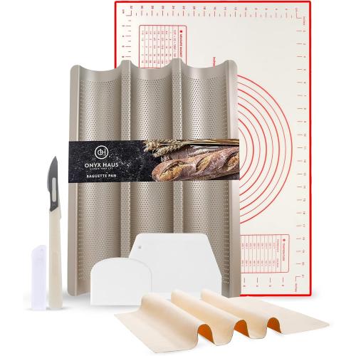 French Bread Kit - Baguette Pan for Baking, Silicone Baking Mat, Dough Cutter and Scraper, Bread Lame Cutter, & Bakers Couche Proofing Cloth - Nonstick Bread Pans for Homemade Bread Gift Set