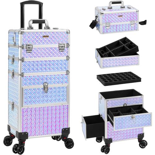 4 in 1 Rolling Makeup Case with Drawers, Multi-functional Cosmetic Trolley with Wheels and Keys, Large Storage Traveling Cart Trunk for Nail Technicians, Makeup Artist and Hairstylist, Silver