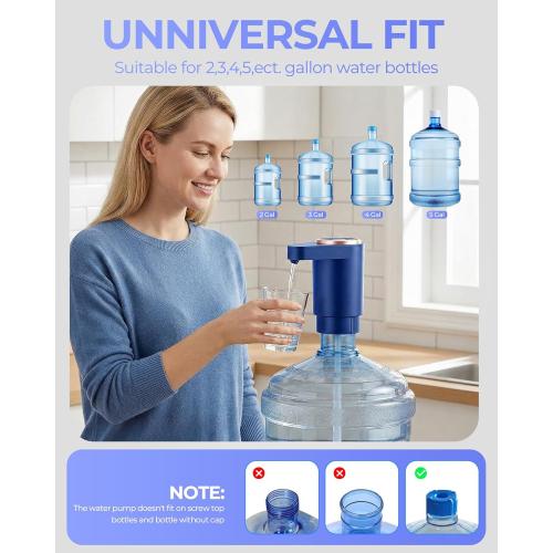 Water Jug Pump for 5 Gallon Bottle – Portable Electric USB-C Charging Dispenser, Dual Powerful Motors, Fast Flow, Fits 2-5 Gallon Jugs – Ideal for Home, Office, Camping, RV, Blue