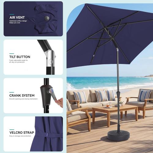 Rectangular Patio Umbrella, 6.5 x 10 ft Rectangle Table Umbrellas w/Heavy Duty Ribs, Effortless Crank and Push Button Tilt, Wind Resistant Sun Umbrella for Outdoor Patio, Navy Blue ‼️used‼️