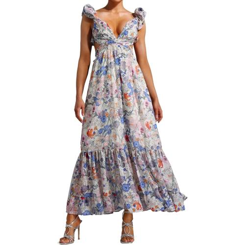 XL Neck Strappy Floral Maxi Puff Sleeves Tea Party Dress Cut Out Waist Detail Pleated Boho Dress