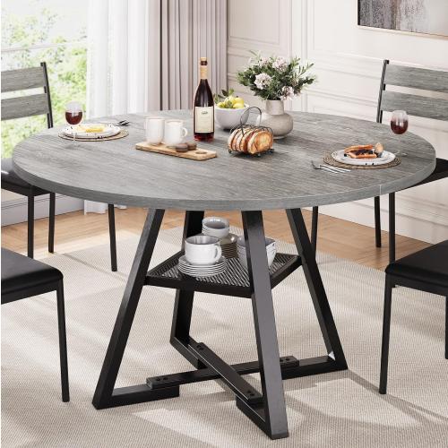 Size 47 Color Grey Round Dining Table for 4,Kitchen Dining Room Circle Dinner Pedestal Table,Space Saving Wood Kitchen & Dining Room Furniture (Grey, 47In)