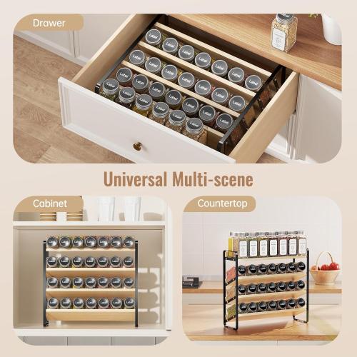 MUDEELA 4 Tier Spice Rack Organizer for Cabinet, Wooden Vertical Spice Shelf, Seasoning Organizer for Countertop, Kitchen, Pantry, Freestanding, 13.4 W × 11.2 H (No Jars Included), Black