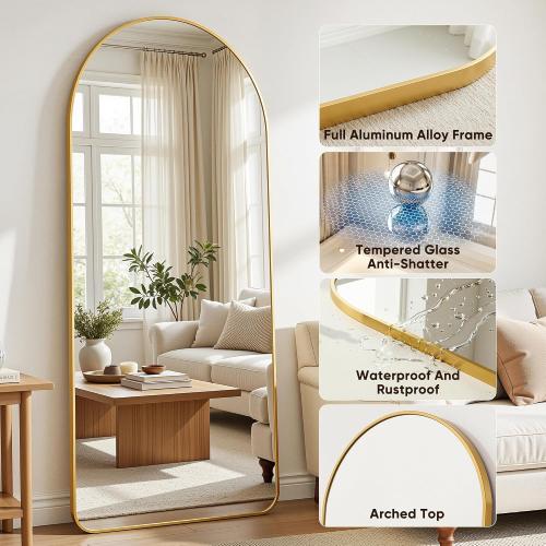Antok Full Length Mirror, 56x15 Floor Mirror with Stand, Hanging Mounted Mirrors for Bedroom, Living Room, Cloakroom, Dining Room, Gold, Arch