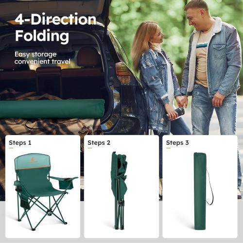ALPHA CAMP Camping Chairs 350LBS Capacity, Heavy Duty Folding Chair with 4-Can Cooler Bag, Portable Outdoor Chair with Cup Holder for Adults, Collapsible for Tailgating, Beach, Fishing,Black,2PC
